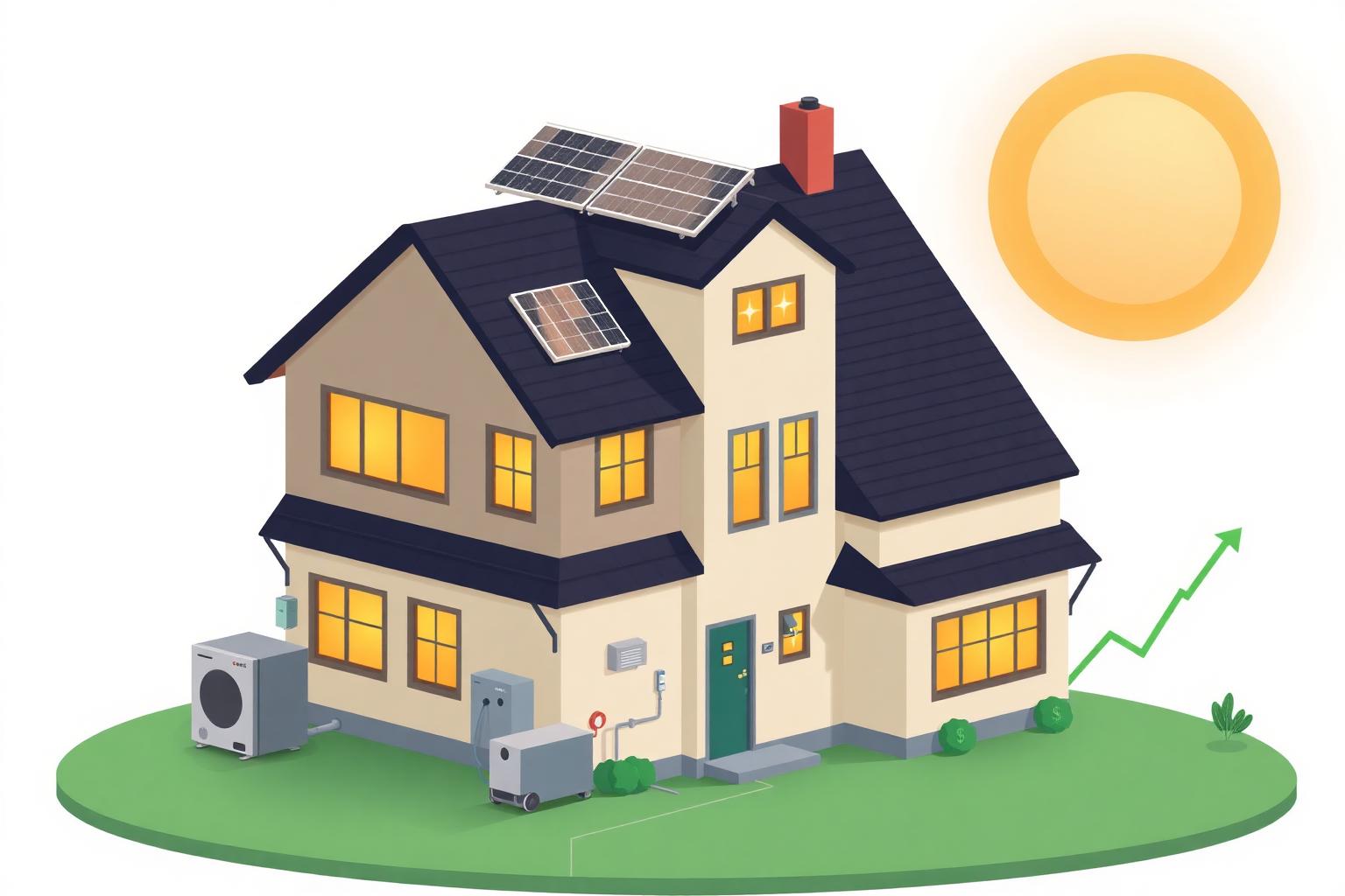 Illustrated home with solar panels, battery, heat pump, insulation, windows, generator, and rising savings chart